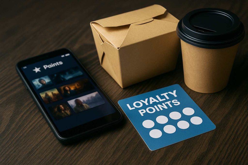 A realistic photo showing loyalty programs integrated with streaming and delivery services, featuring a smartphone, food container, coffee cup, and a loyalty card on a wooden table.