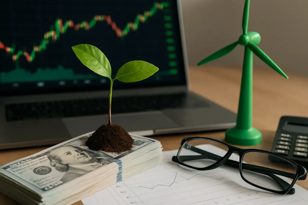Realistic photo of Climate ETFs concept showing a small plant growing from dollar bills, wind turbine model, and financial tools on a wooden desk.