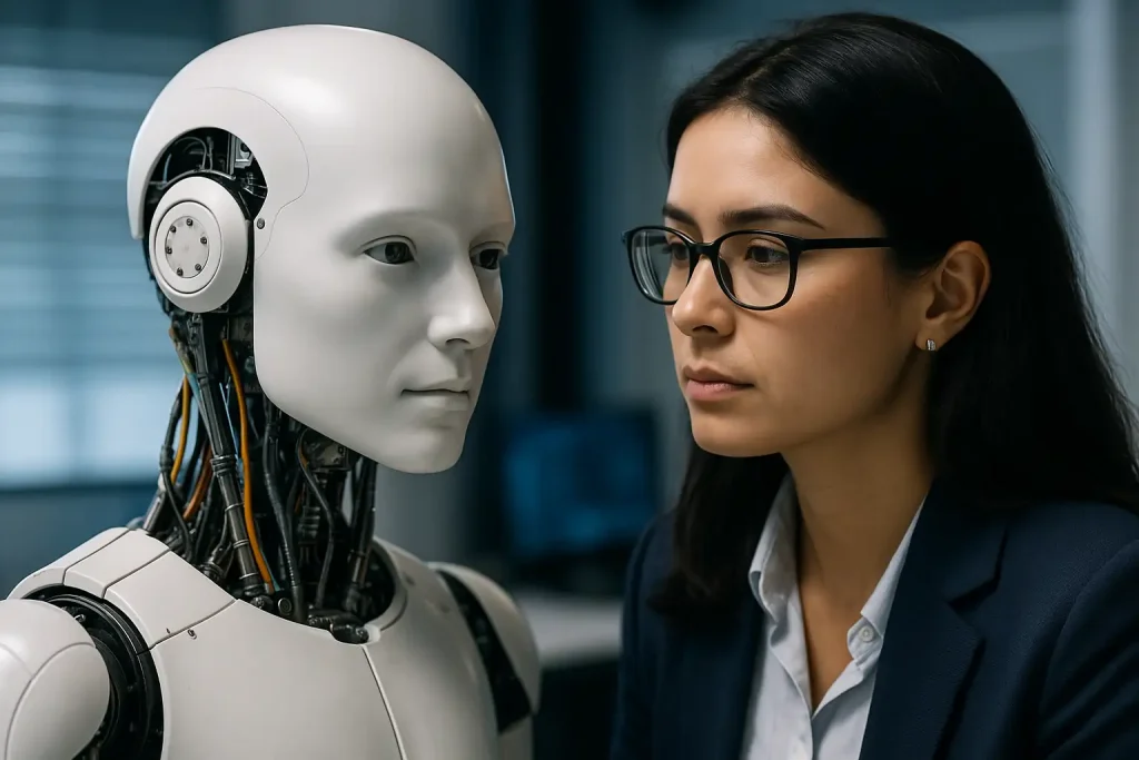 Realistic scene of ethical and safe artificial intelligence with a woman in glasses looking closely at a humanoid robot in a modern lab.