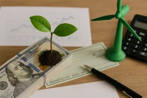 Close-up view of Climate ETFs theme with a sapling sprouting from money, renewable energy model, and calculator in a bright, natural setting.