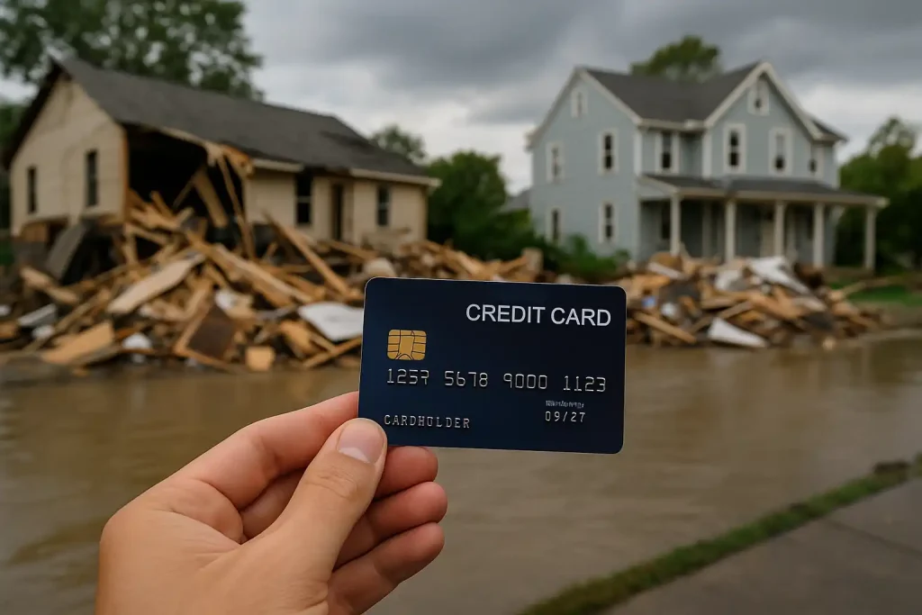 Person holding a credit card in front of a flooded street with damaged houses after a climate disaster.