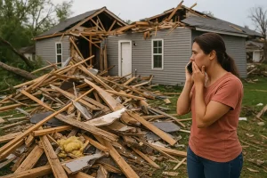 Woman on the phone in front of a destroyed house after a severe storm, highlighting the importance of credit cards in emergencies.